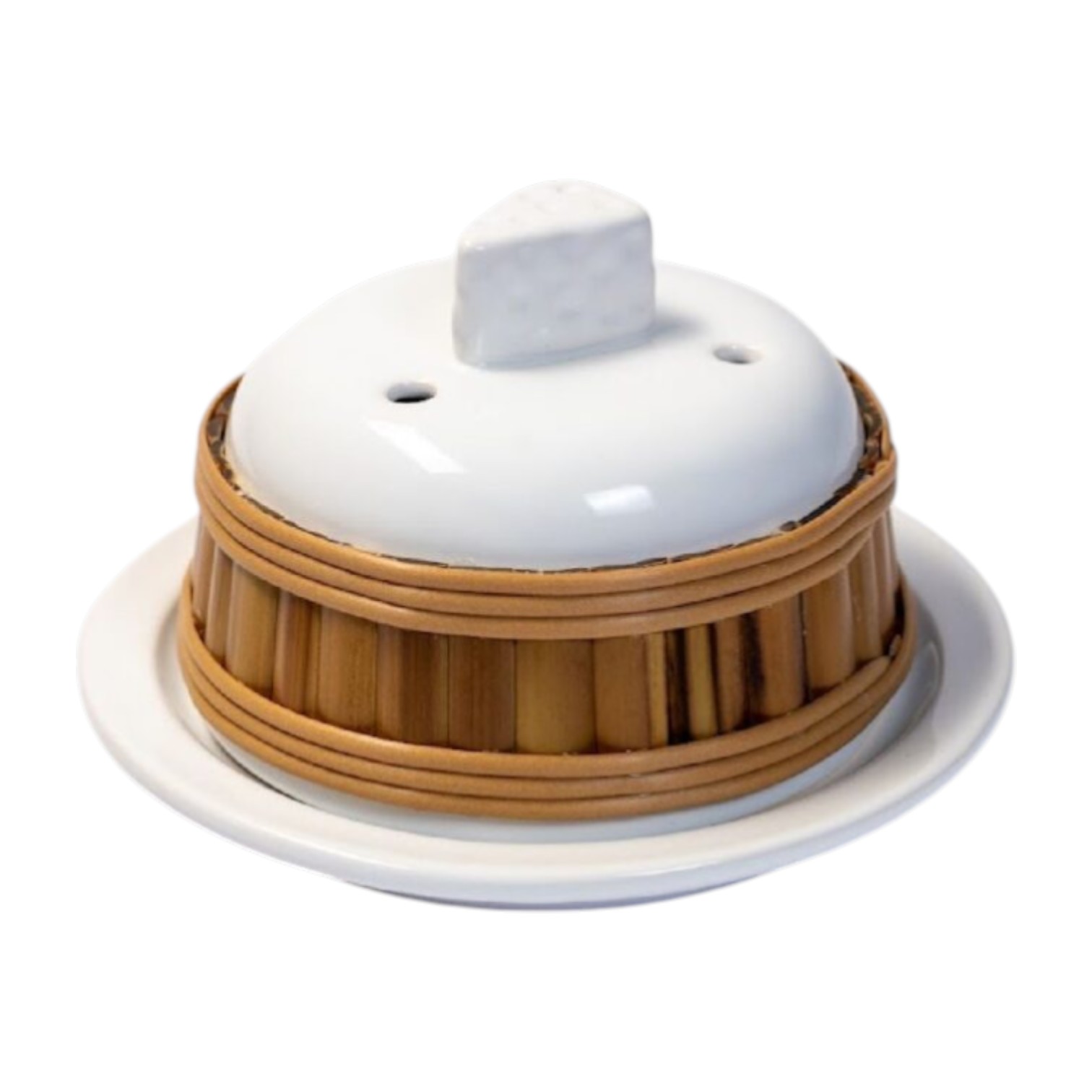 PORTA QUEIJO DE CERÂMICA BRANCA COM BAMBU