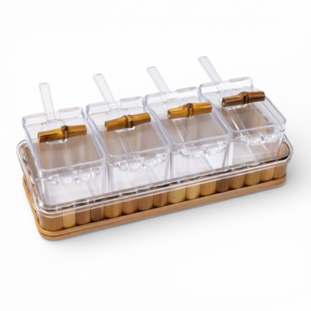 PORTA TEMPEROS DE ACRÍLICO COM BAMBU