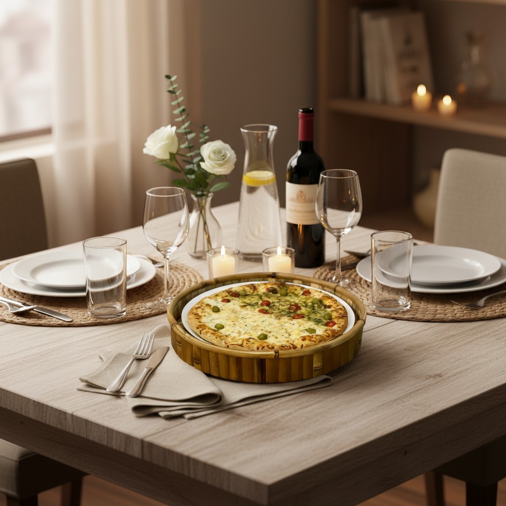 SUPORTE DE BAMBU COM PRATO BRANCO PARA PIZZA - Imagem 2