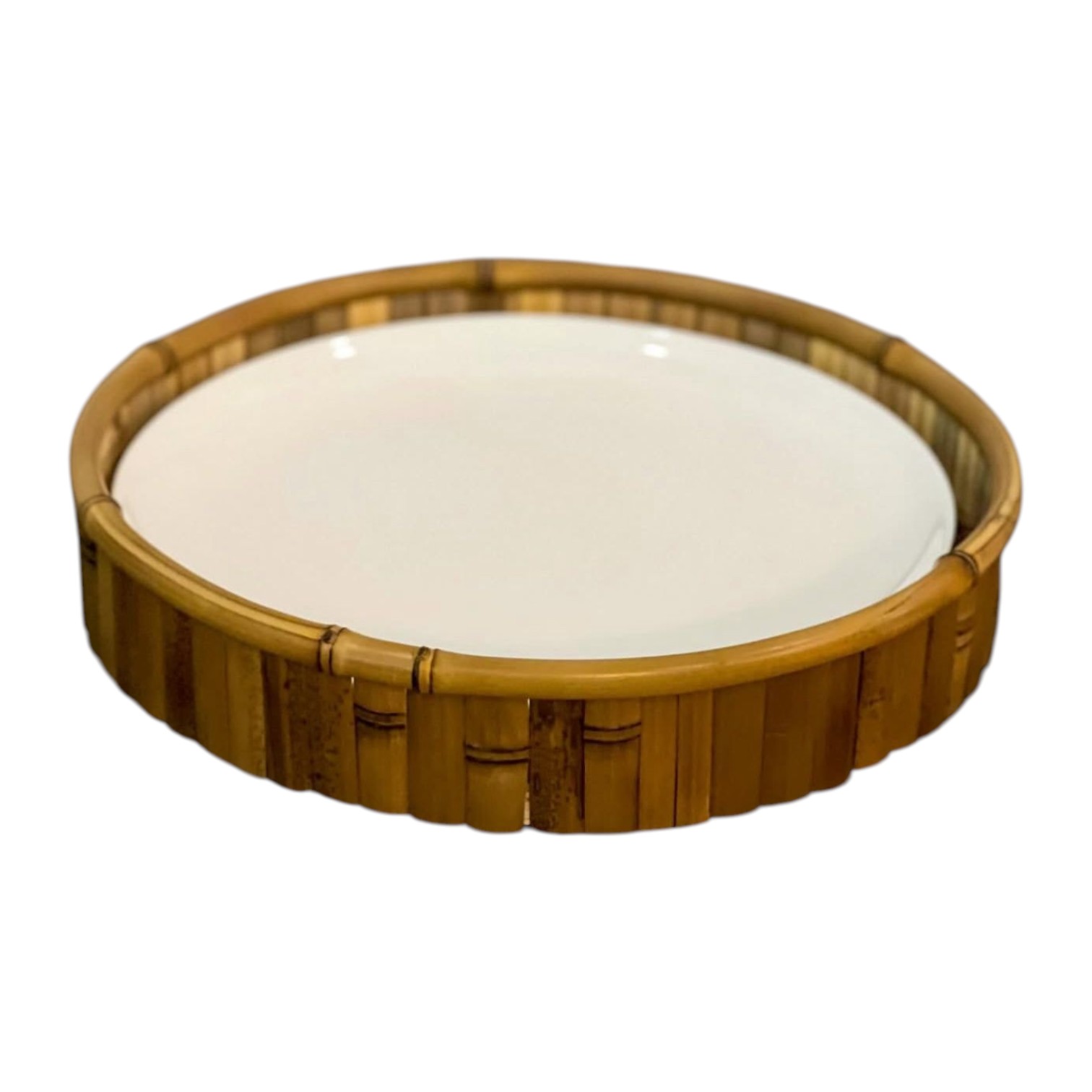 SUPORTE DE BAMBU COM PRATO BRANCO PARA PIZZA